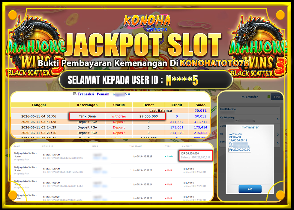 KONOHATOTO78 JACKPOT MAHJONG WINS 3 BLACK SCATTER Rp.29.000.000,- LUNAS